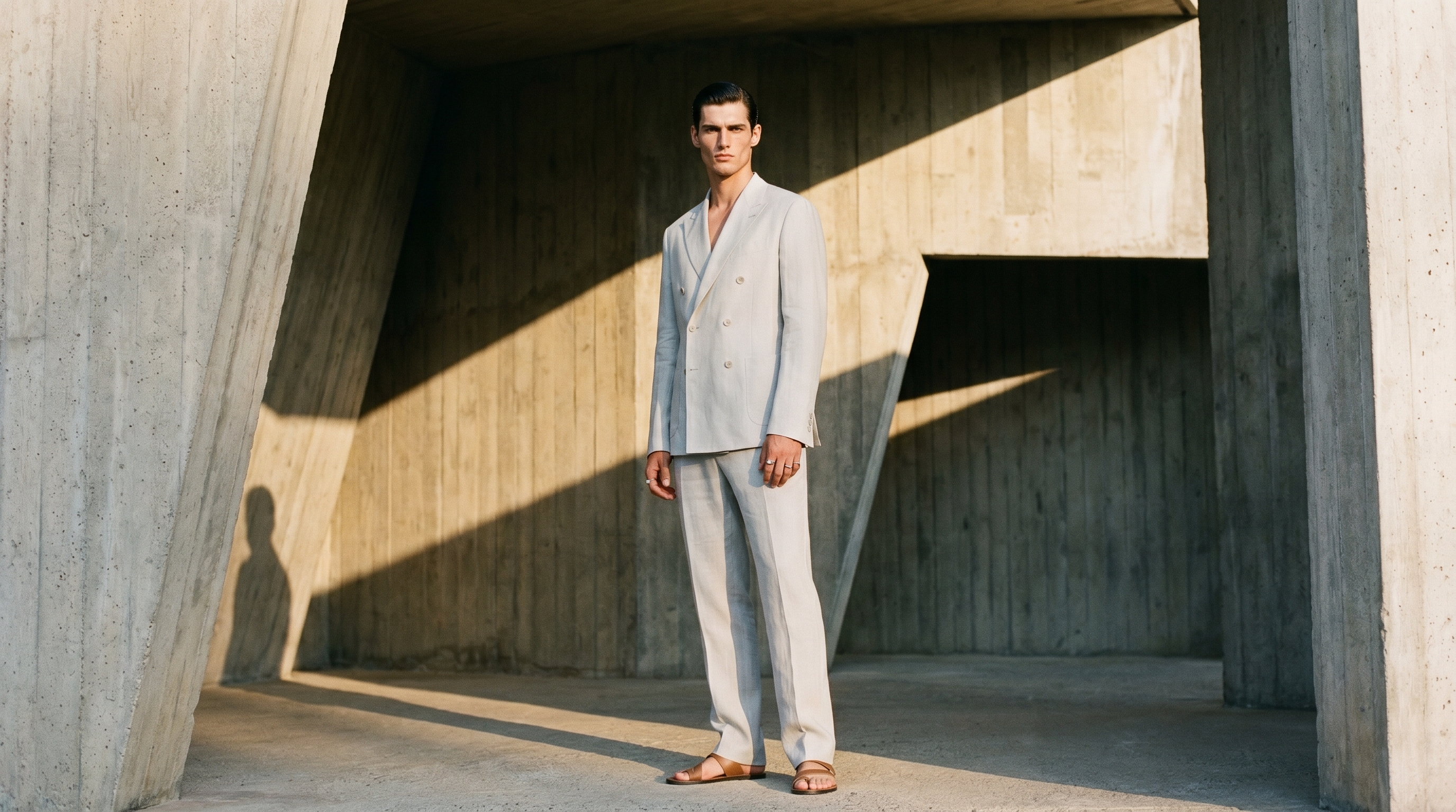 Ivory double-breasted linen suit inside a concrete monolith